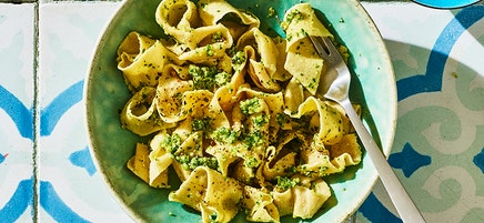 Homemade whole-wheat pasta with pesto