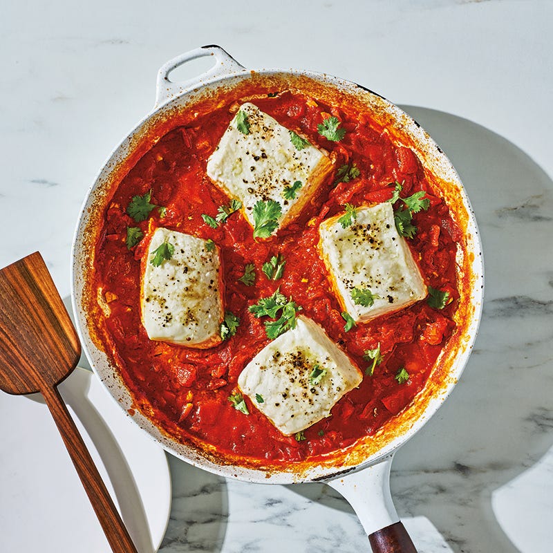 Halibut in chraime sauce (spicy Tunisian fish stew)