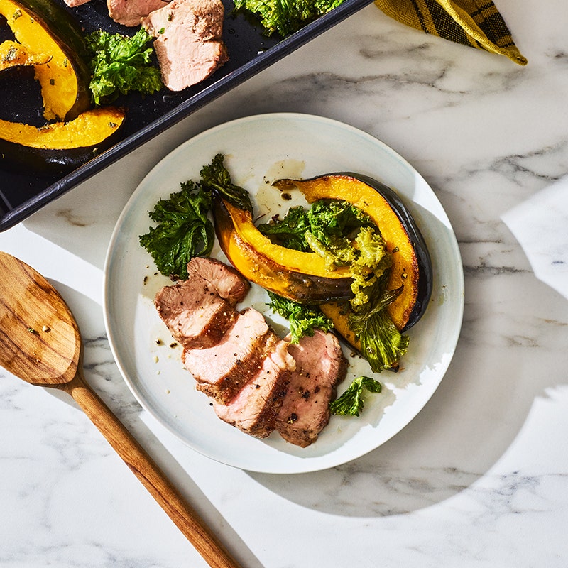 Pork tenderloin with winter squash & mustard greens