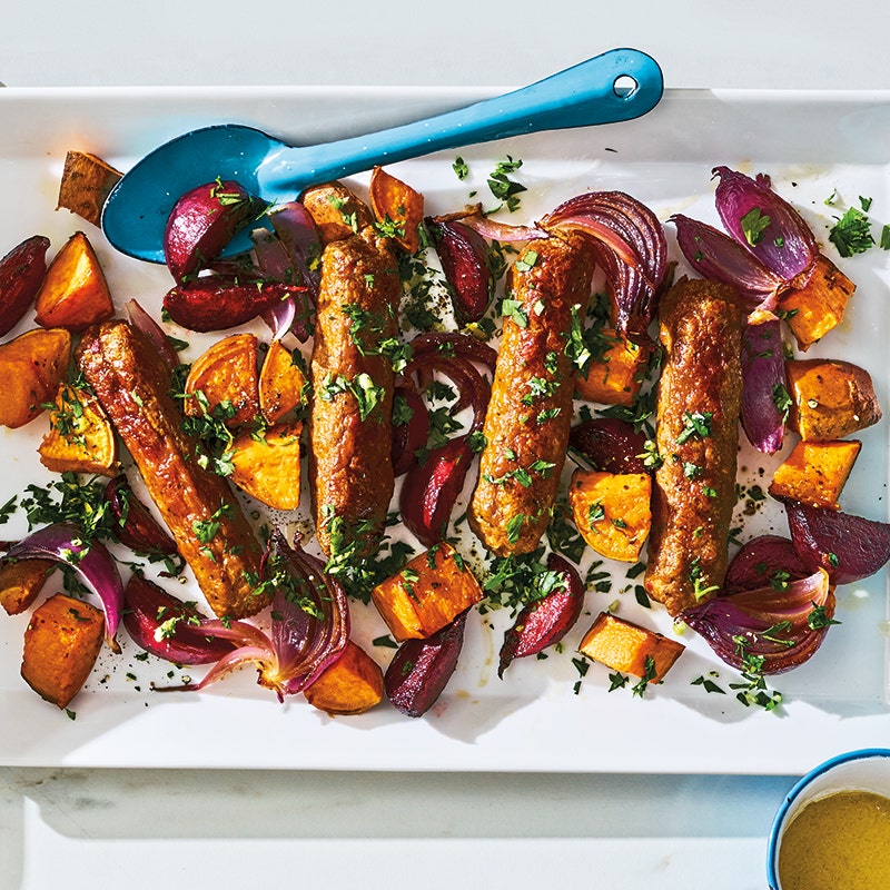 Roasted root vegetables & meatless sausage with gremolata