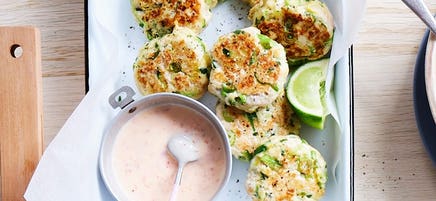 Chicken patties with sweet chilli ‘mayo’