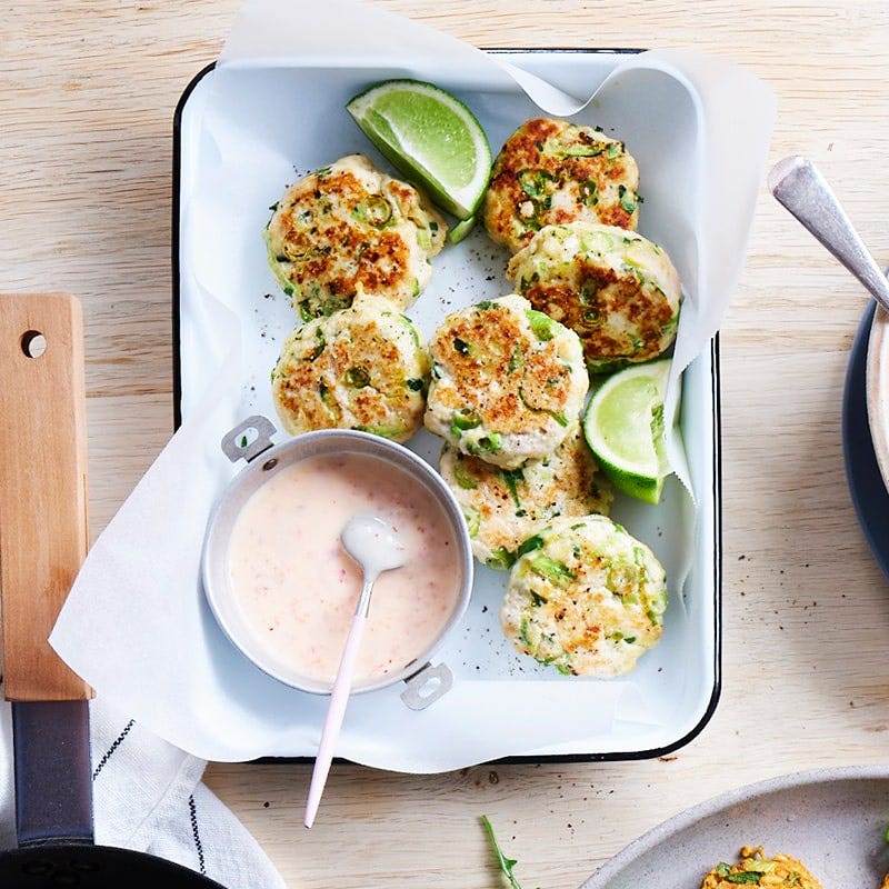 Chicken patties with sweet chilli ‘mayo’