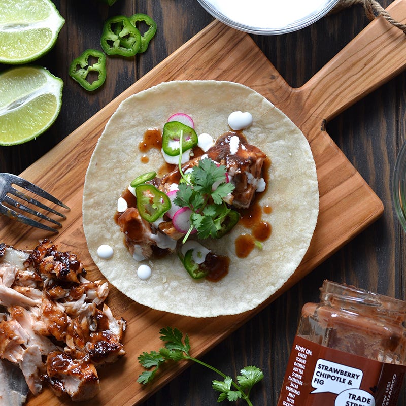 Photo of Strawberry chipotle-glazed salmon taco filling by Trade Street Jam Co. by WW