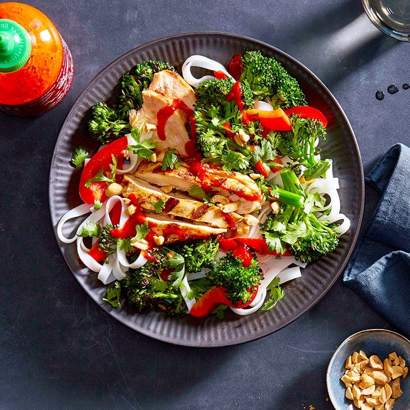 Vietnamese chicken and veggie bowl with rice noodles