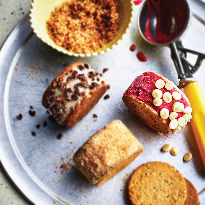 Raspberry and white chocolate ice-cream sandwiches