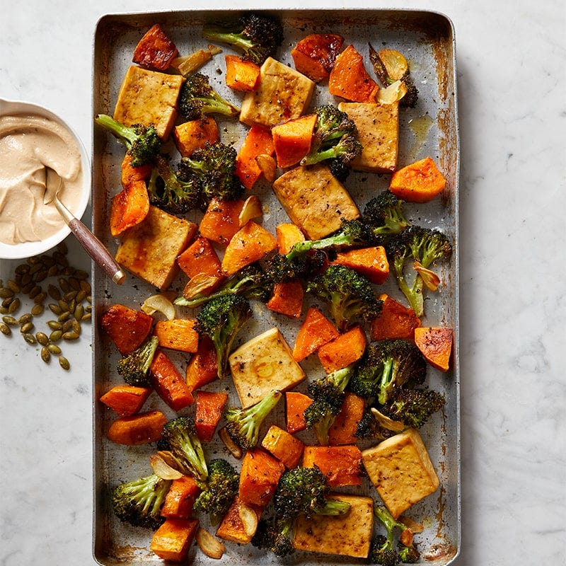 Roasted tofu, broccoli and pumpkin with creamy tahini tray bake