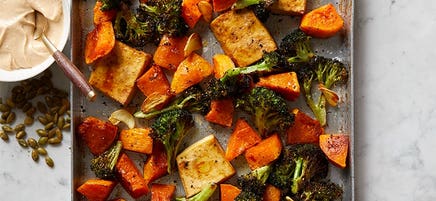 Roasted tofu, broccoli and pumpkin with creamy tahini tray bake