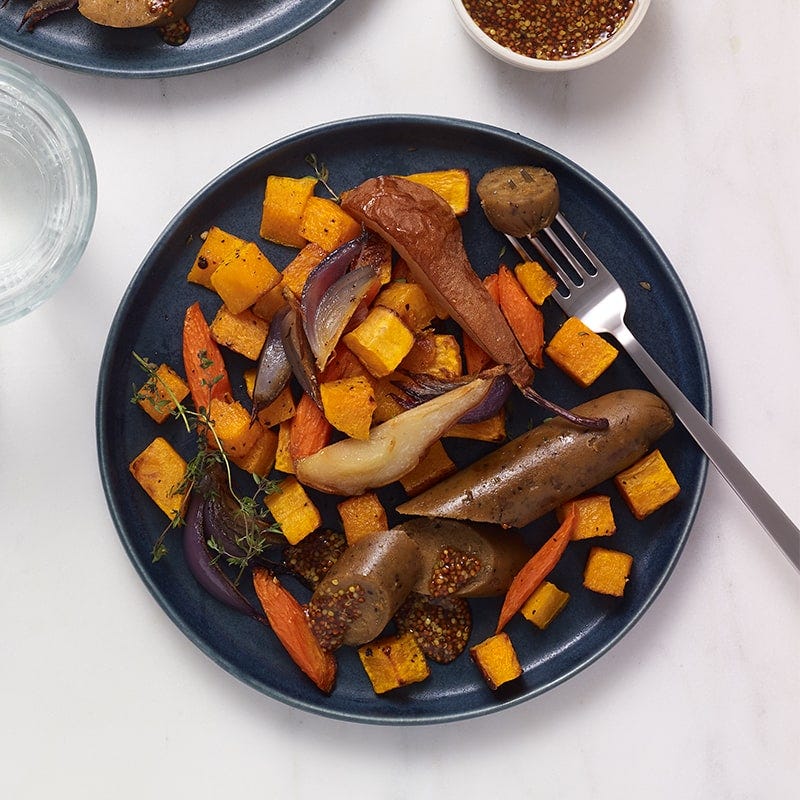 Maple-mustard vegan sausage tray bake