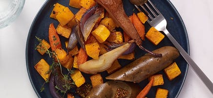 Maple-mustard vegan sausage tray bake