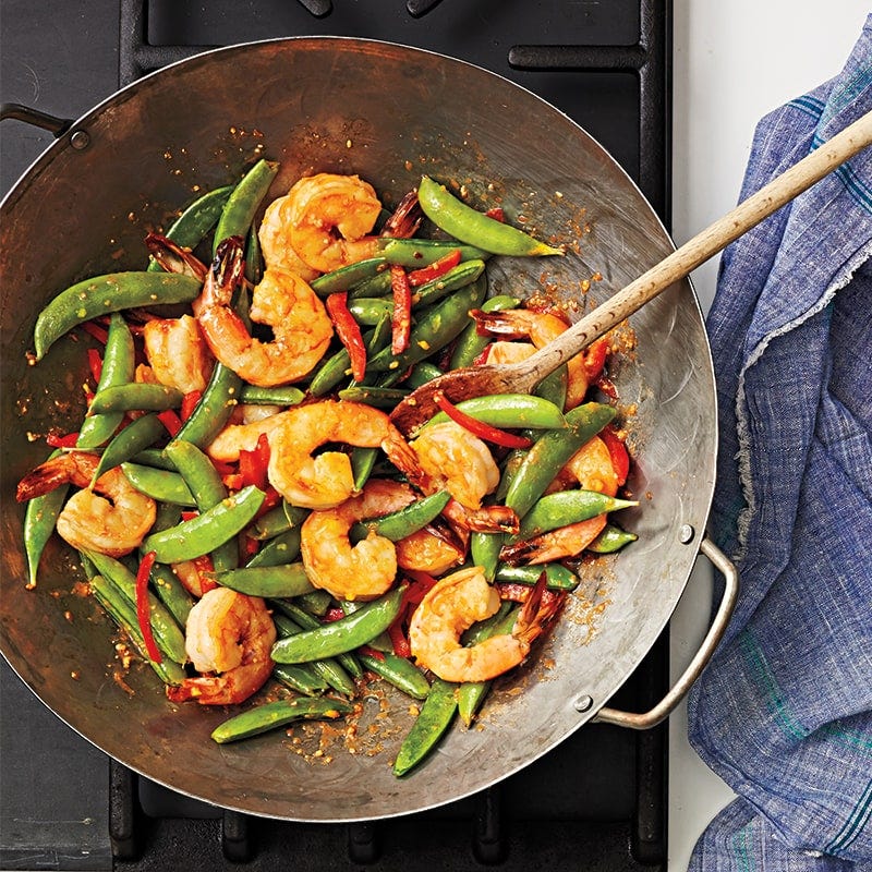Ginger prawns with sugar snaps