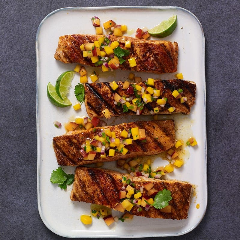 Salmon with mango-peach salsa