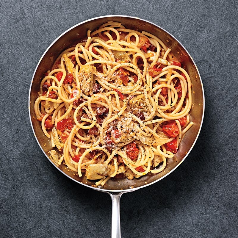Spaghetti all’Amatriciana with artichokes