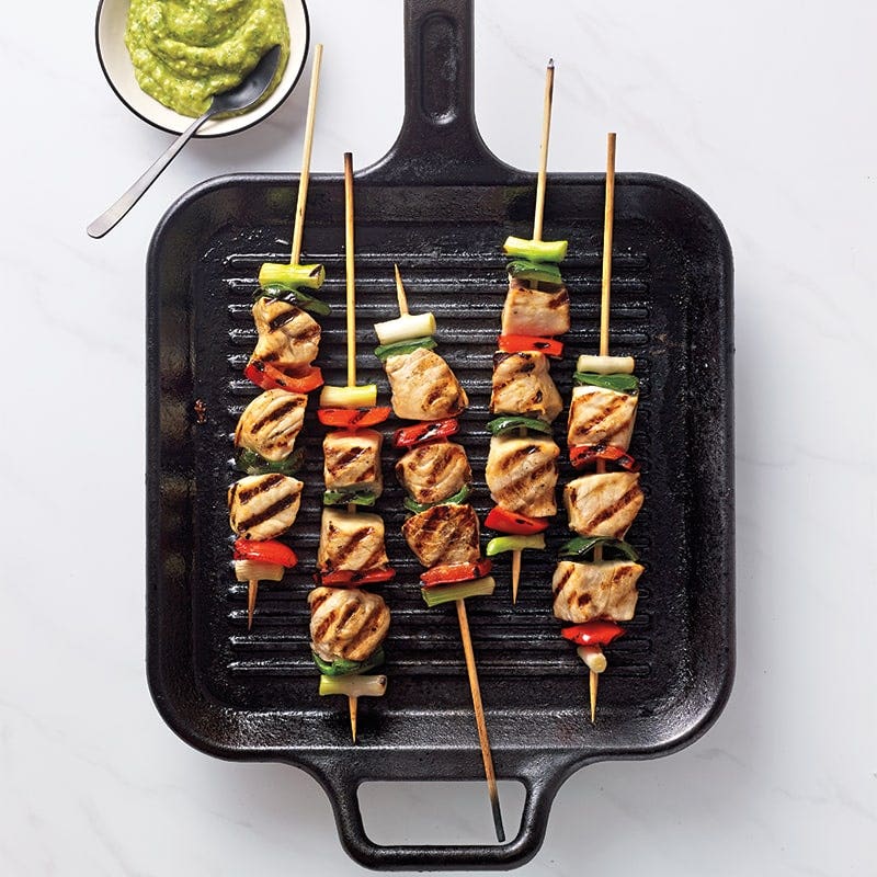 Swordfish skewers with avocado dipping sauce