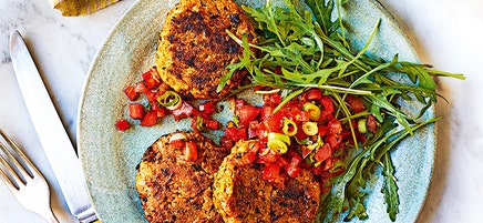 Spiced pumpkin and cauliflower fritters with salsa