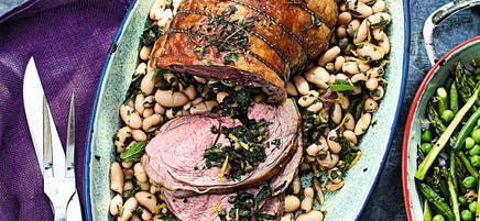 Roasted lamb with salsa verde beans