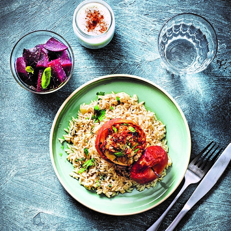 Pommes farcies au veau sur lit de blé