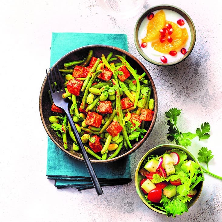 Haricots verts, edamame et tofu grillé au paprika