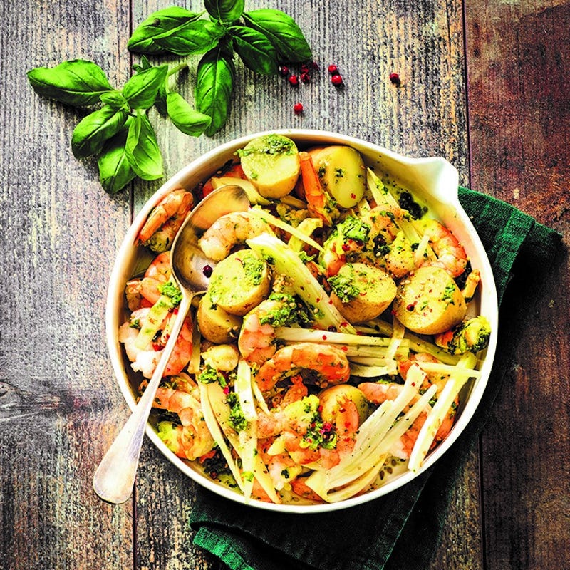 Crevettes marinées au pesto de roquette