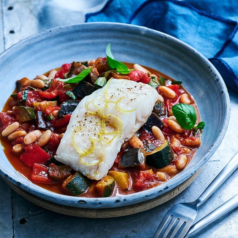 Oven baked fish with ratatouille and beans