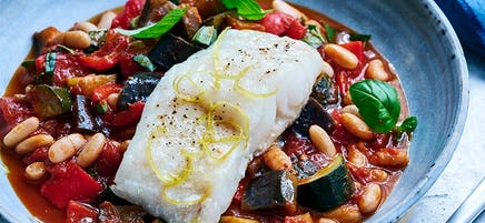 Shellie’s oven baked fish with ratatouille and beans