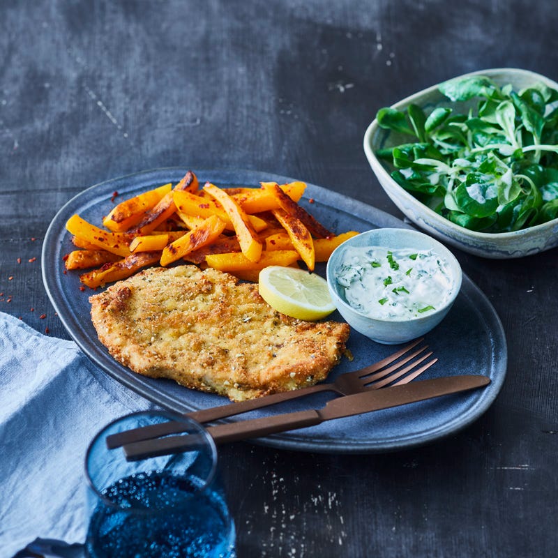 Herbstliches Putenschnitzel mit Kürbispommes