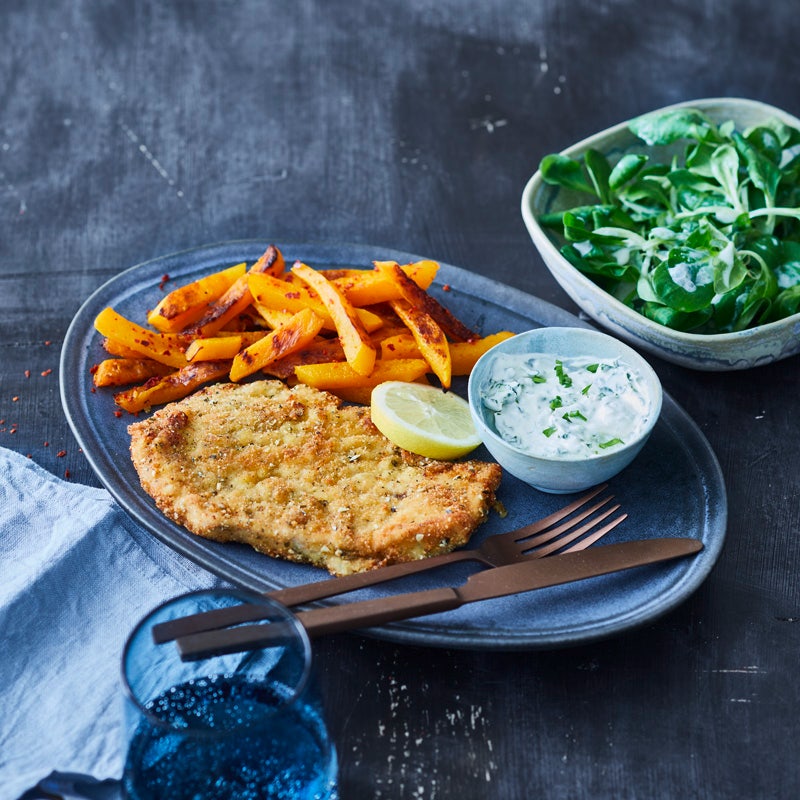 Herbstliches Putenschnitzel mit Kürbispommes