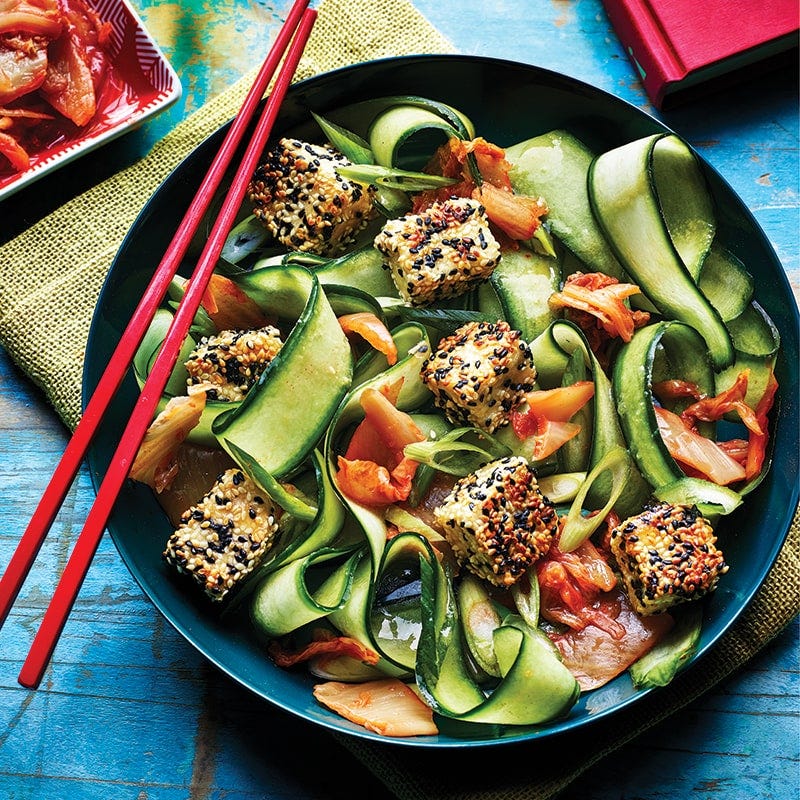 Crispy sesame tofu with kimchi