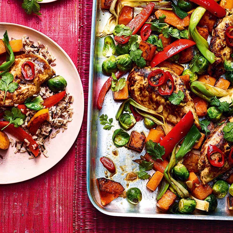Photo of Sticky spiced chicken, squash & sprout traybake by WW