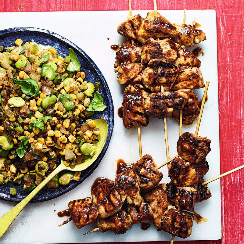 Photo of Beer-glazed chicken skewers with succotash by WW