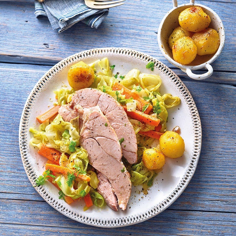 Schweinebraten mit karamellisierten Drillingen