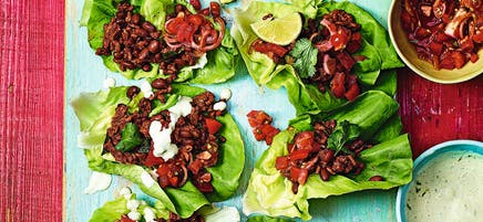Lettuce cup beef tacos with jalapeño sauce