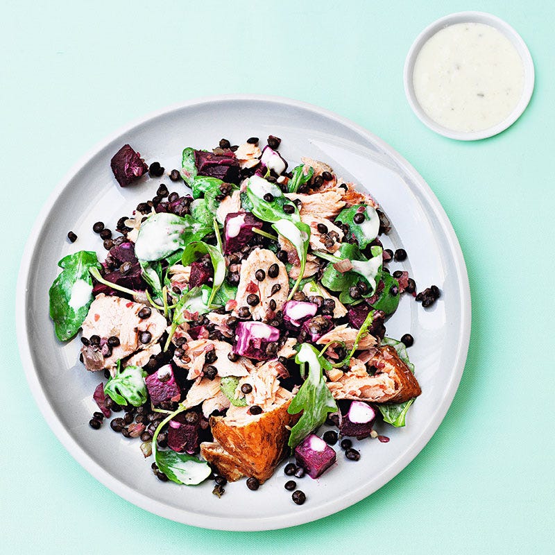 Warmer Linsensalat mit Lachsfilet & Meerrettich