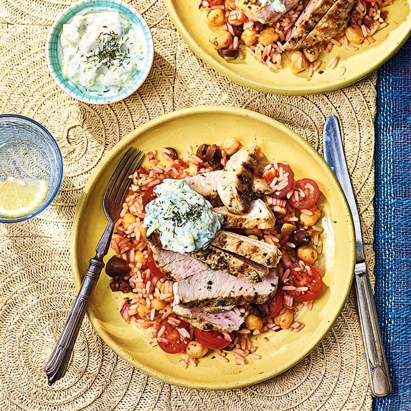 Photo of Greek-style pork souvlaki with tomato rice salad by WW