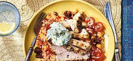 Greek-style pork souvlaki with tomato rice salad