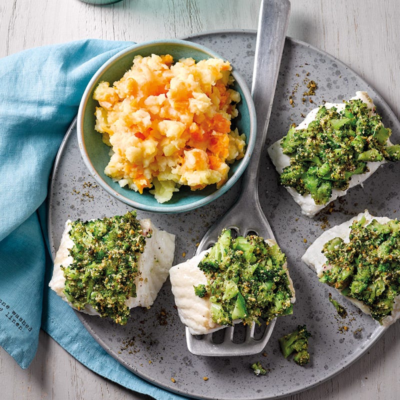 Steinbeißer mit Broccolikruste und Gemüsestampf