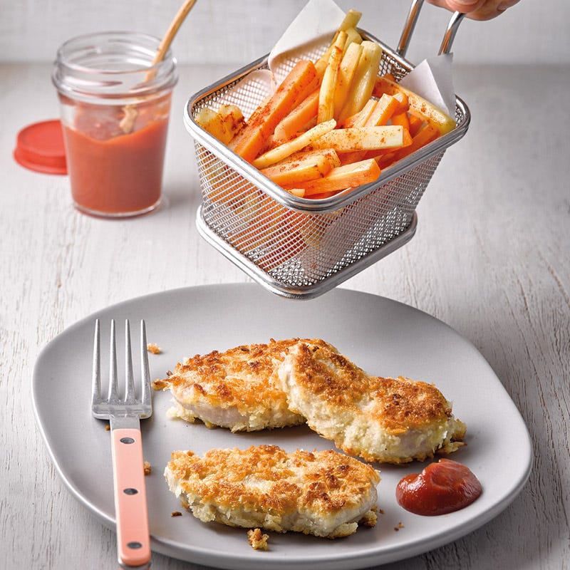 Mini-Schweine-Schnitzel mit Gemüsepommes