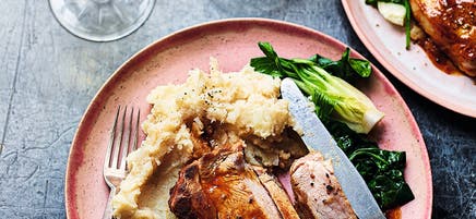 Sriracha-glazed pork chops with celeriac butter bean mash