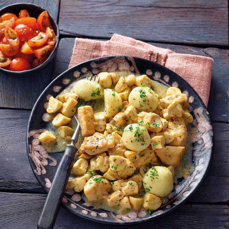 Pilz-Geflügel-Ragout mit Knödeln