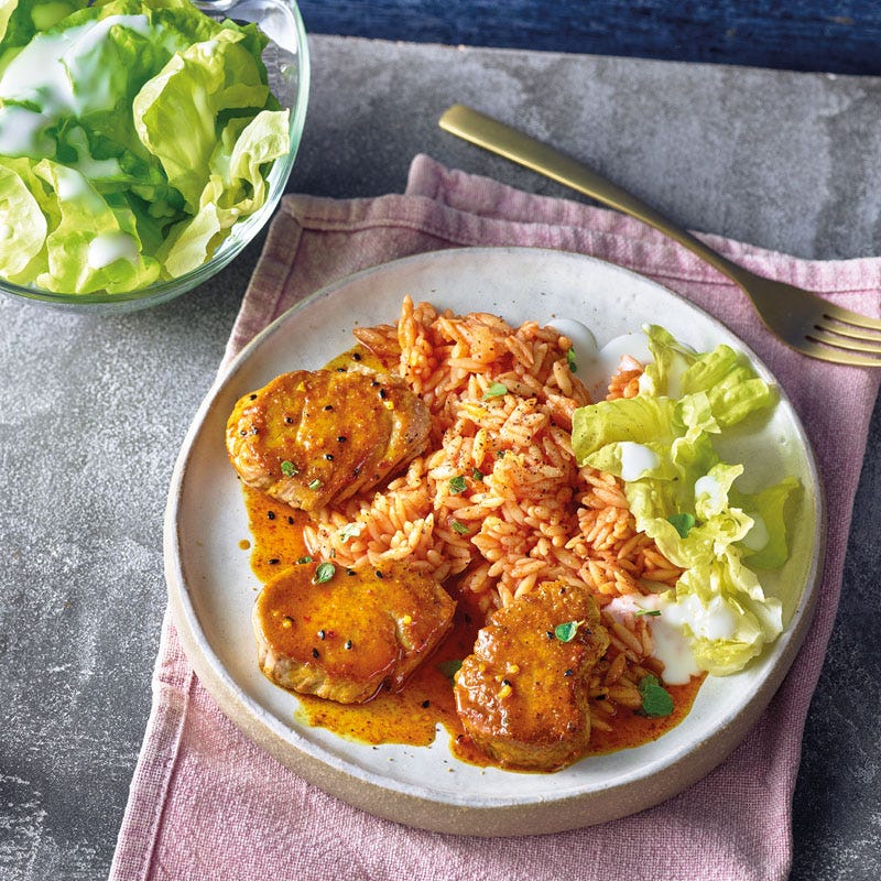 Curry-Orangen-Filet mit Tomatennudeln