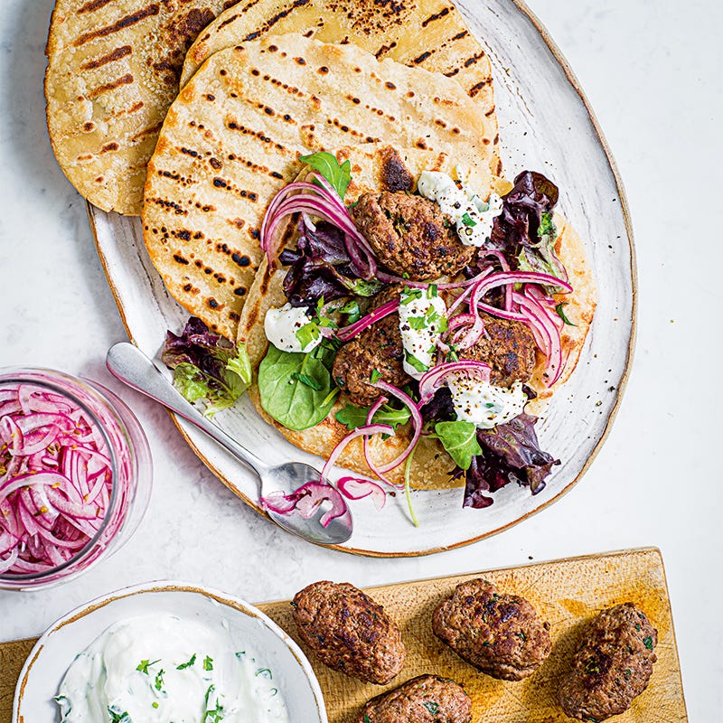 Beef kofta flatbreads with lemon yoghurt