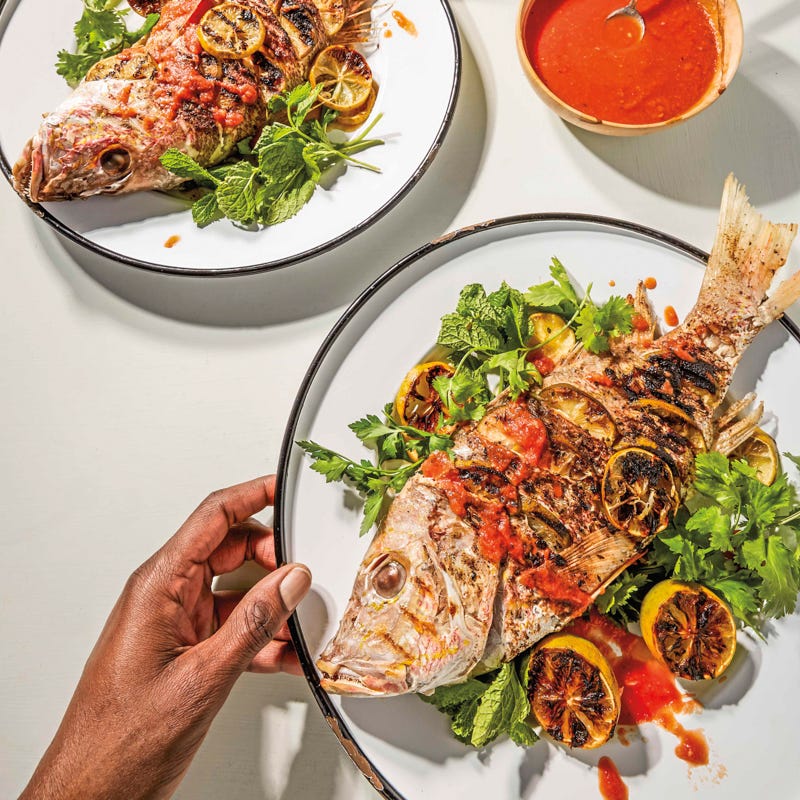 Grilled snapper with charred limes & hot sauce