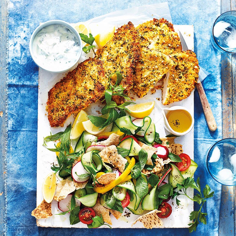 Quinoa-Kräuter-Schnitzel mit Fattoush