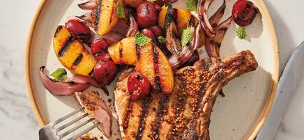 Grilled Mustard-Glazed Pork Chops with Peaches