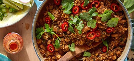 Cauliflower, white bean, and hominy chili