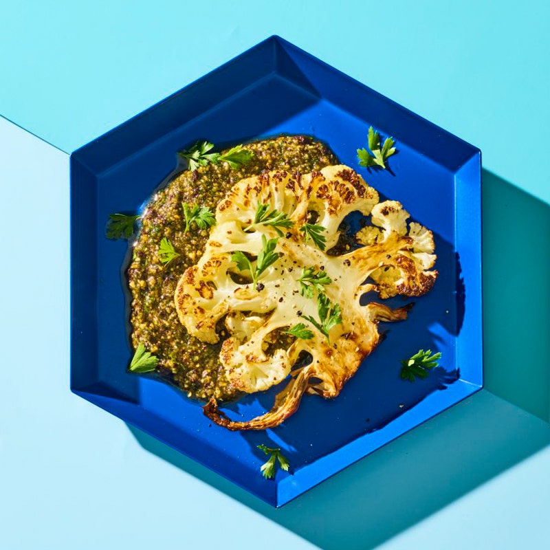 Charred cauliflower with chocolate & almond pesto