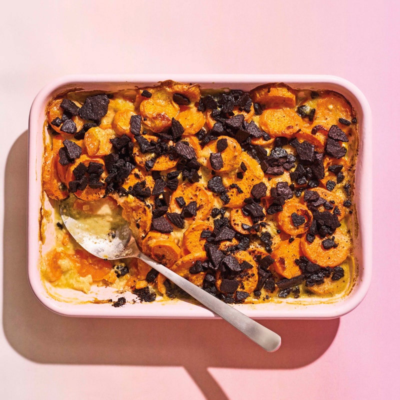 Sweet potato gratin with chocolate wafer topping