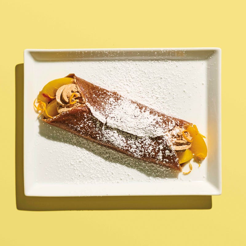 Chocolate crepes with peaches