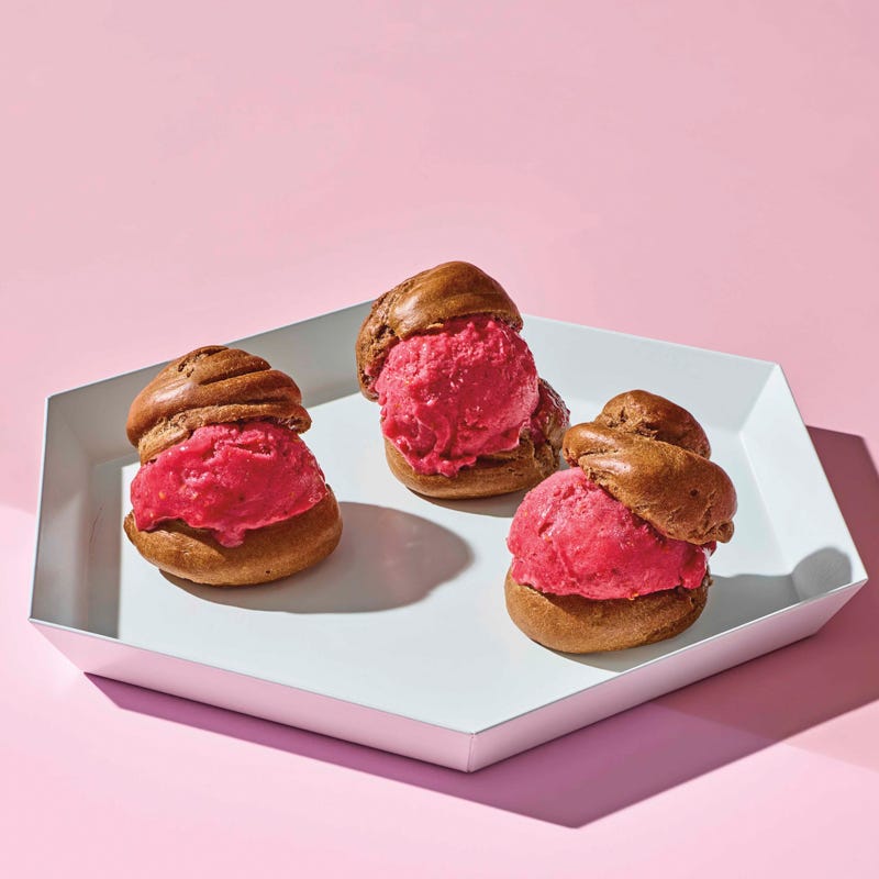 Chocolate cream puffs with raspberry “nice” cream