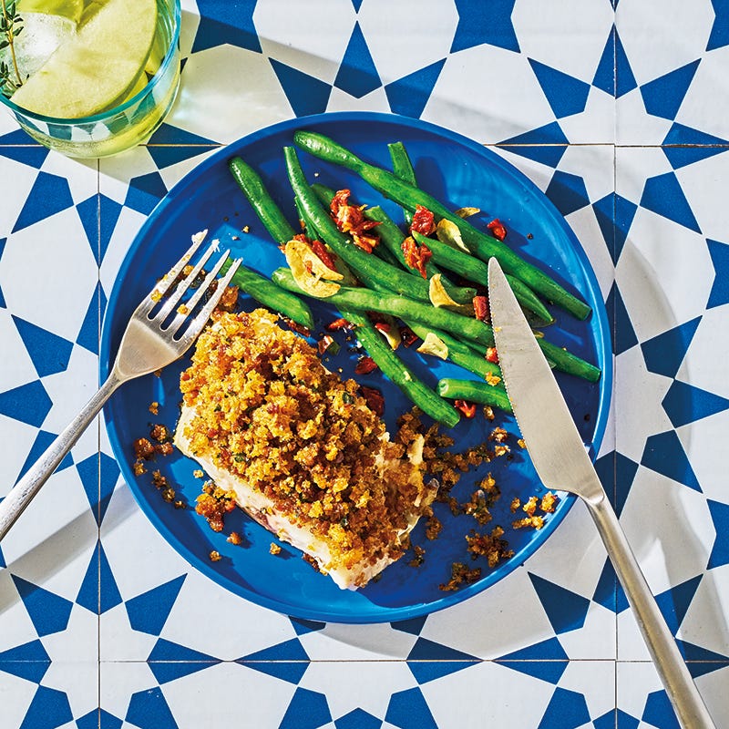 Sea bass fillets with chorizo crumbs