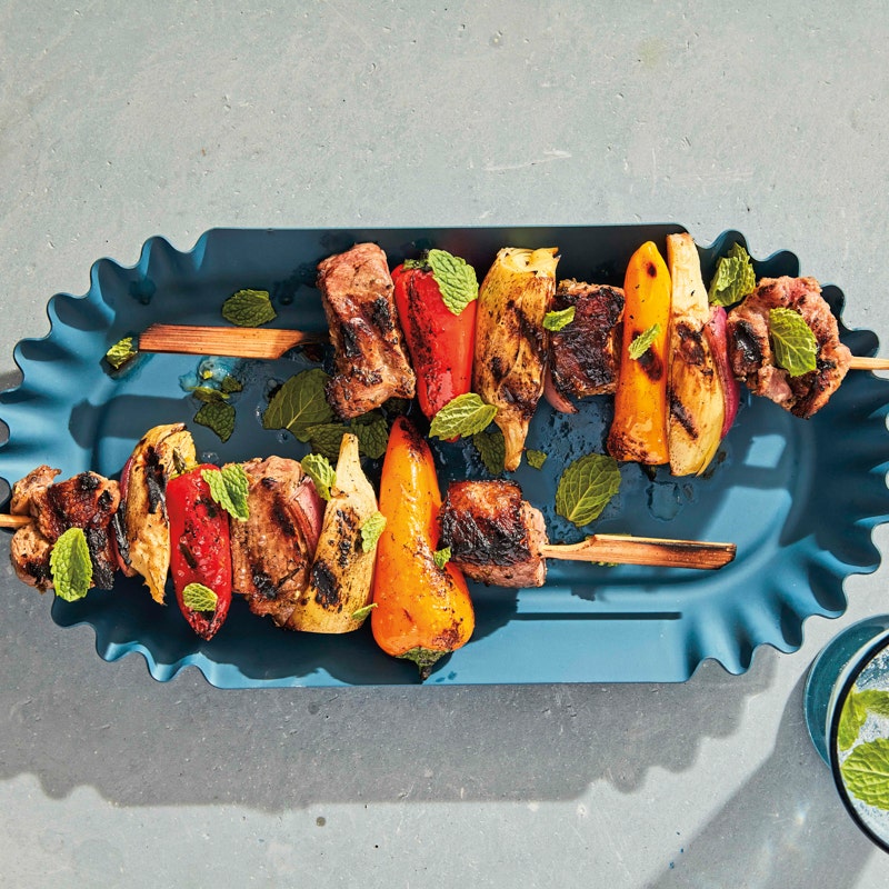 Grilled lamb, artichoke, and pepper kebabs